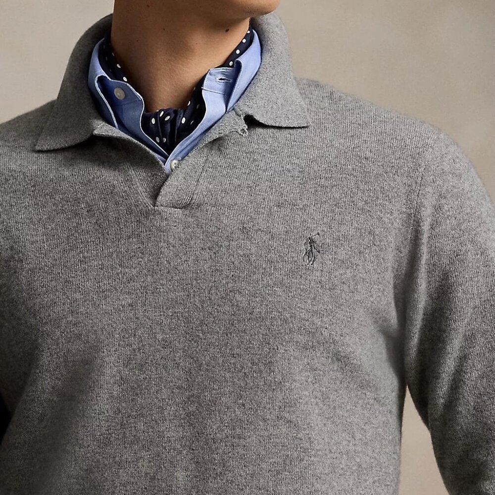 Polo Ralph Lauren Men's Open Collar Polo Sweater Fine Wool Knit Pullover Grey XL - Picture 2 of 6